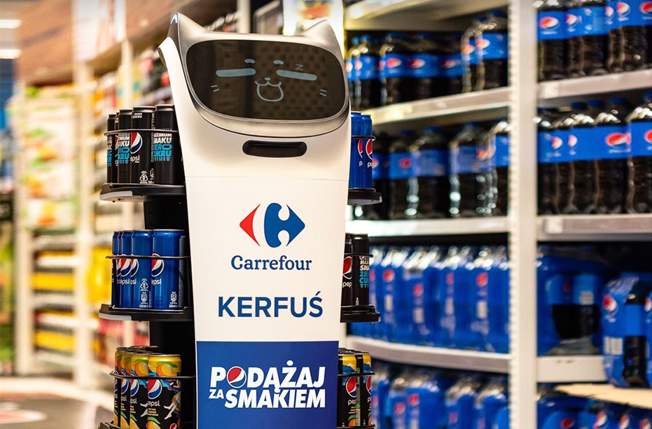 Holabot paseando refrescos por un supermercado mientras muestra la publicidad en su parte frontal