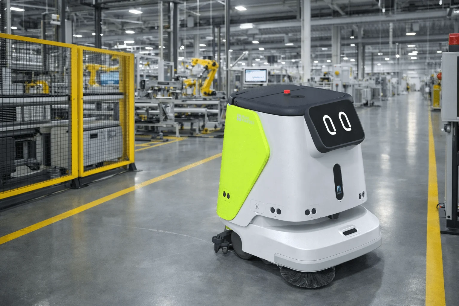 Robot pudu CC1 ejecutando una limpieza en un almacén industrial