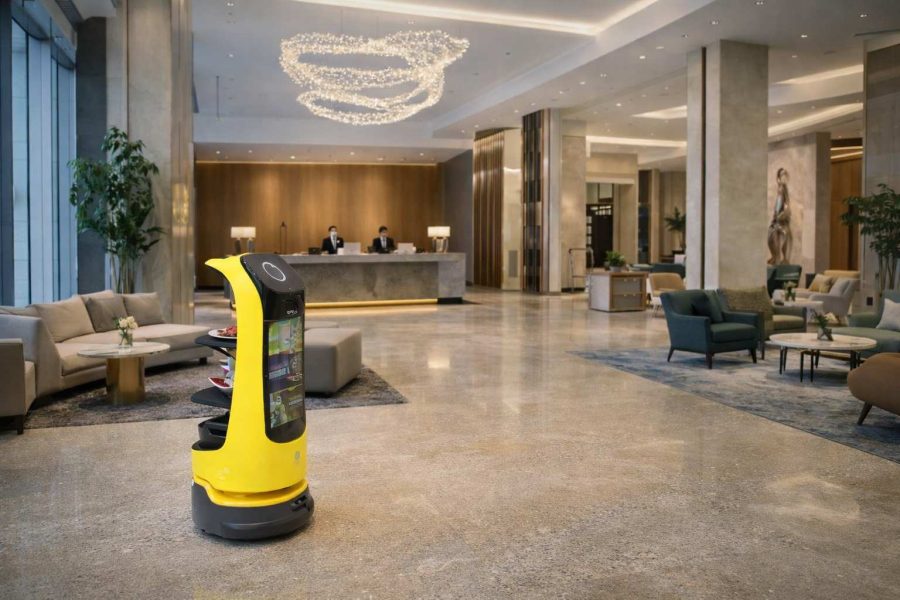 Robot de servicio Kettybot Pro limpiando el hall de un hotel