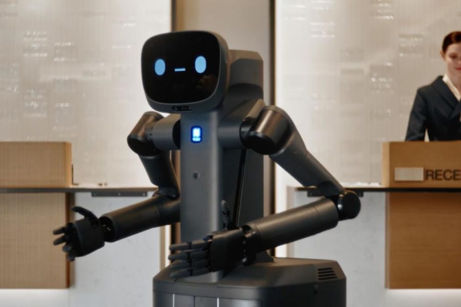 Robot con inteligencia artificial atendiendo a clientes en recepción de empresa